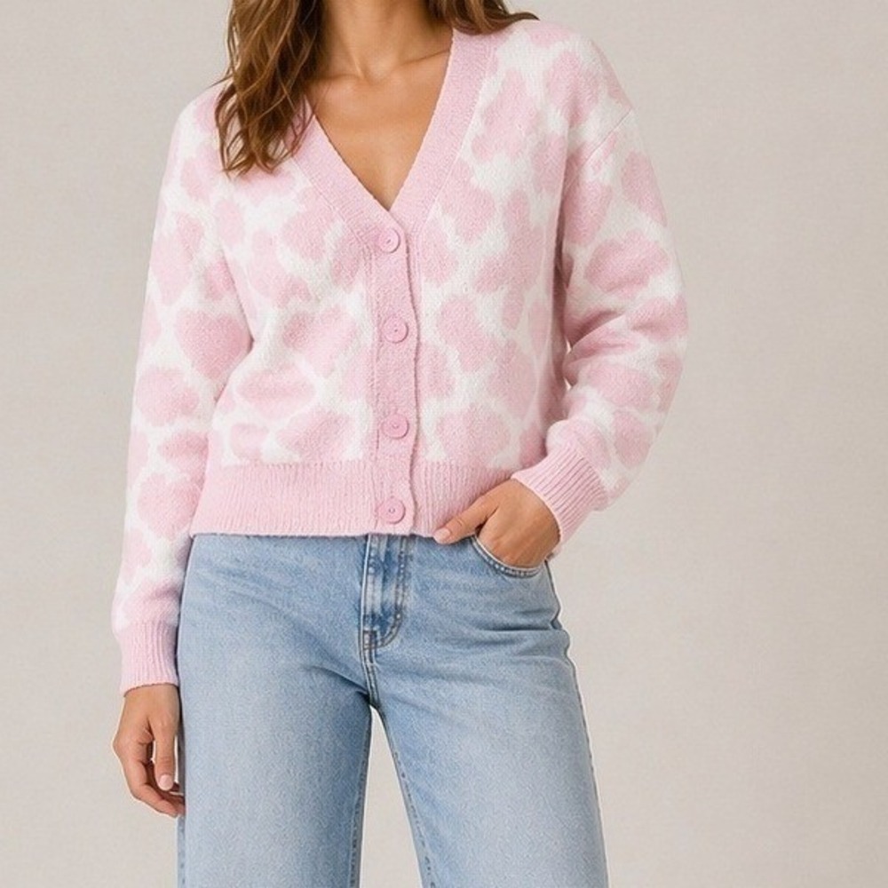 Hot Topic Pink Heart Button Cow Print Cardigan Sweater Soft Girl Coquette Size S